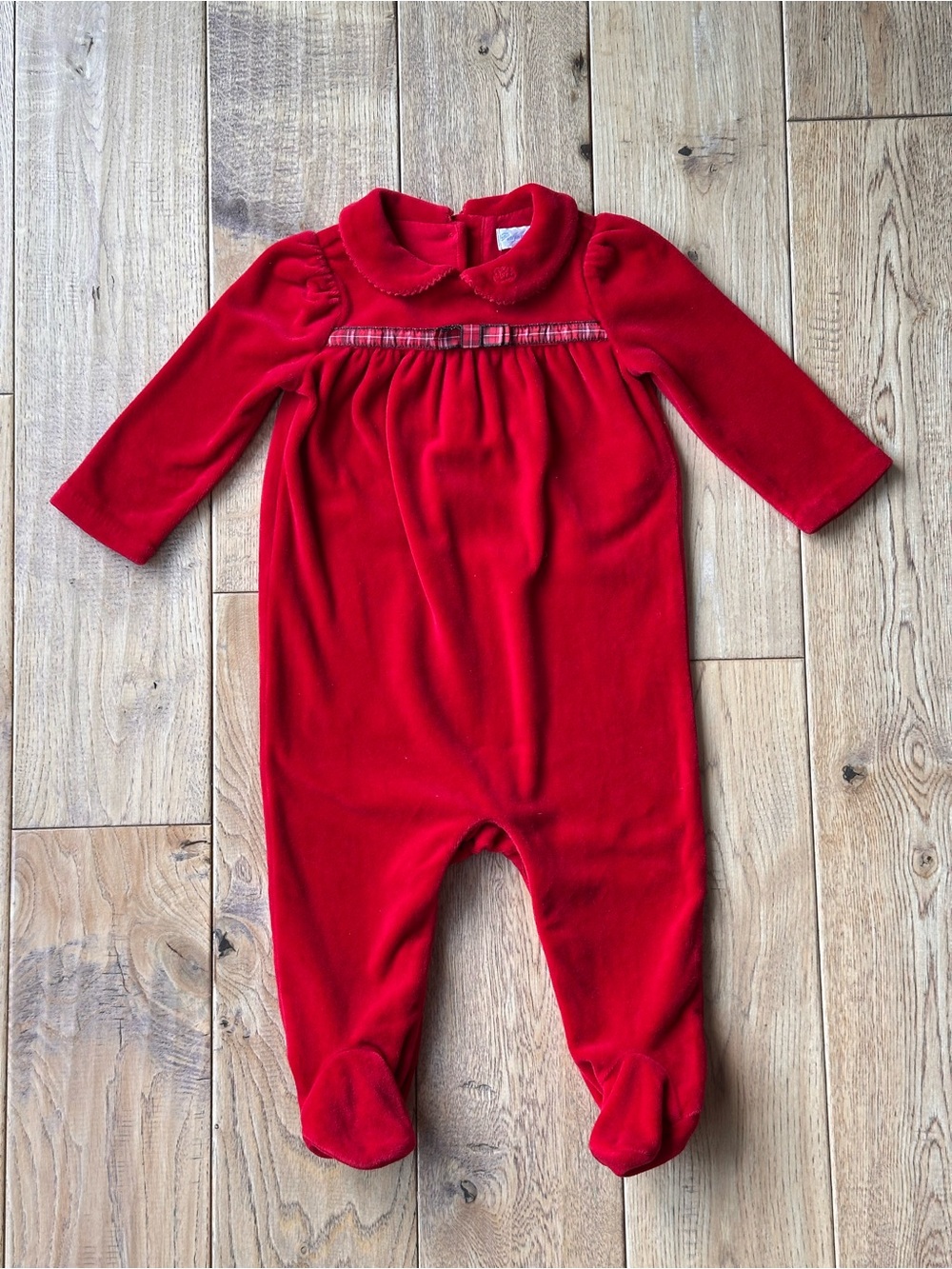 Ralph Lauren Red Velour Footed Coverall with Plaid Ribbon size 6 Months